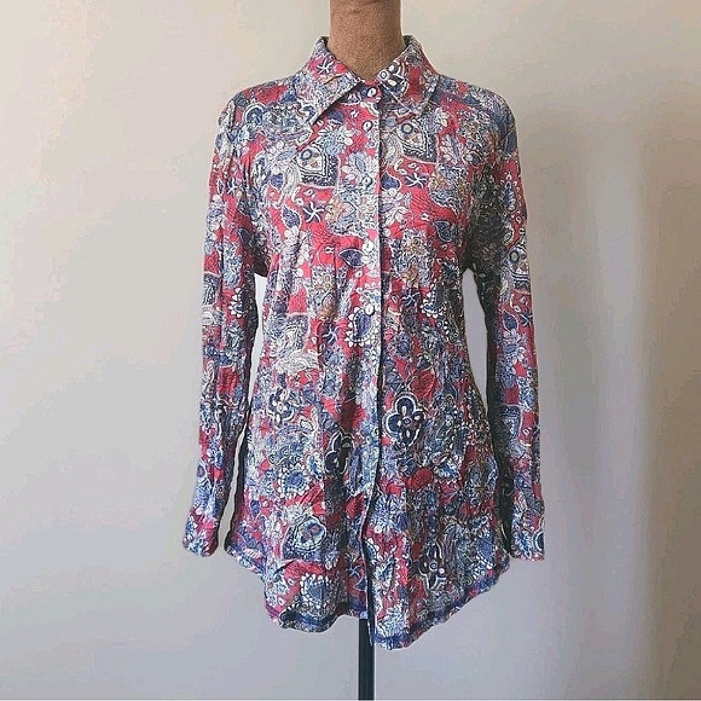 Sno Skins Button Up Shirt Size M Red Floral‎ Paisley USA Lightweight Semi Sheer